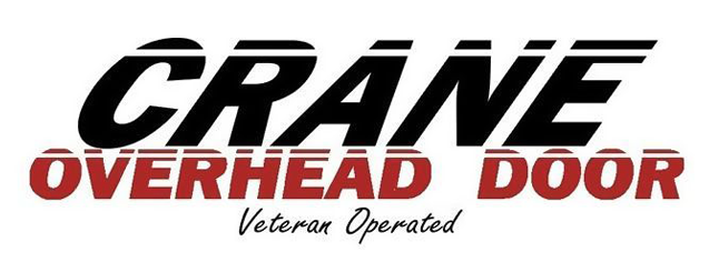 Logo for Crane Overhead Door, featuring black and red text, with "Veteran Operated" below.