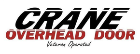 Logo for Crane Overhead Door, featuring black and red text, with "Veteran Operated" below.
