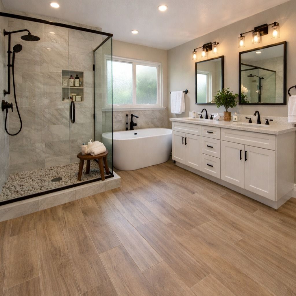 Modern bathroom with glass shower, freestanding tub, double vanity, and wood-look flooring
