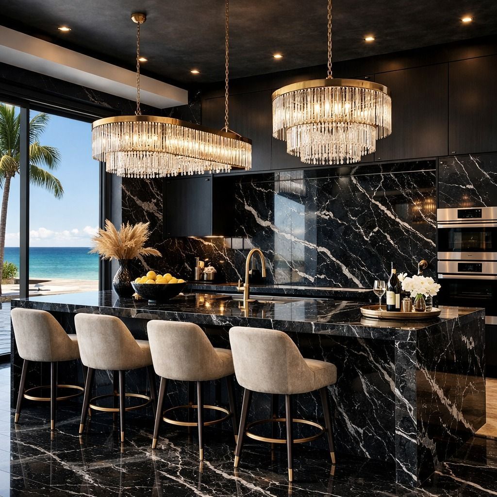 Luxurious black marble kitchen with crystal chandeliers, bar stools, and ocean view.