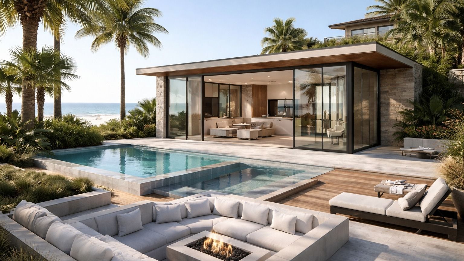 Modern luxury villa with glass walls, pool, palm trees, and a sunken outdoor lounge by the ocean