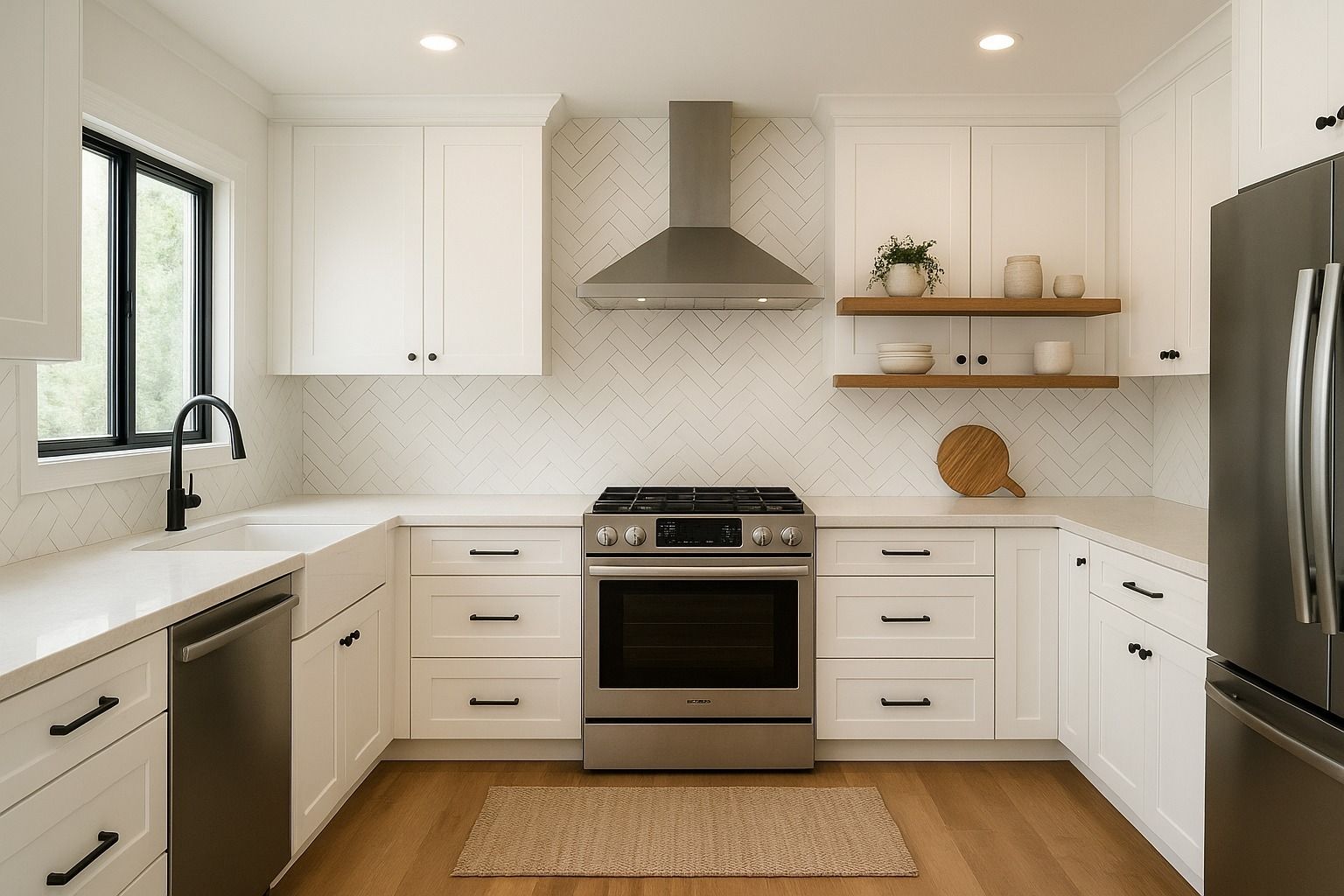 Bright modern kitchen with white cabinets, stainless appliances, wood floor, and open shelves