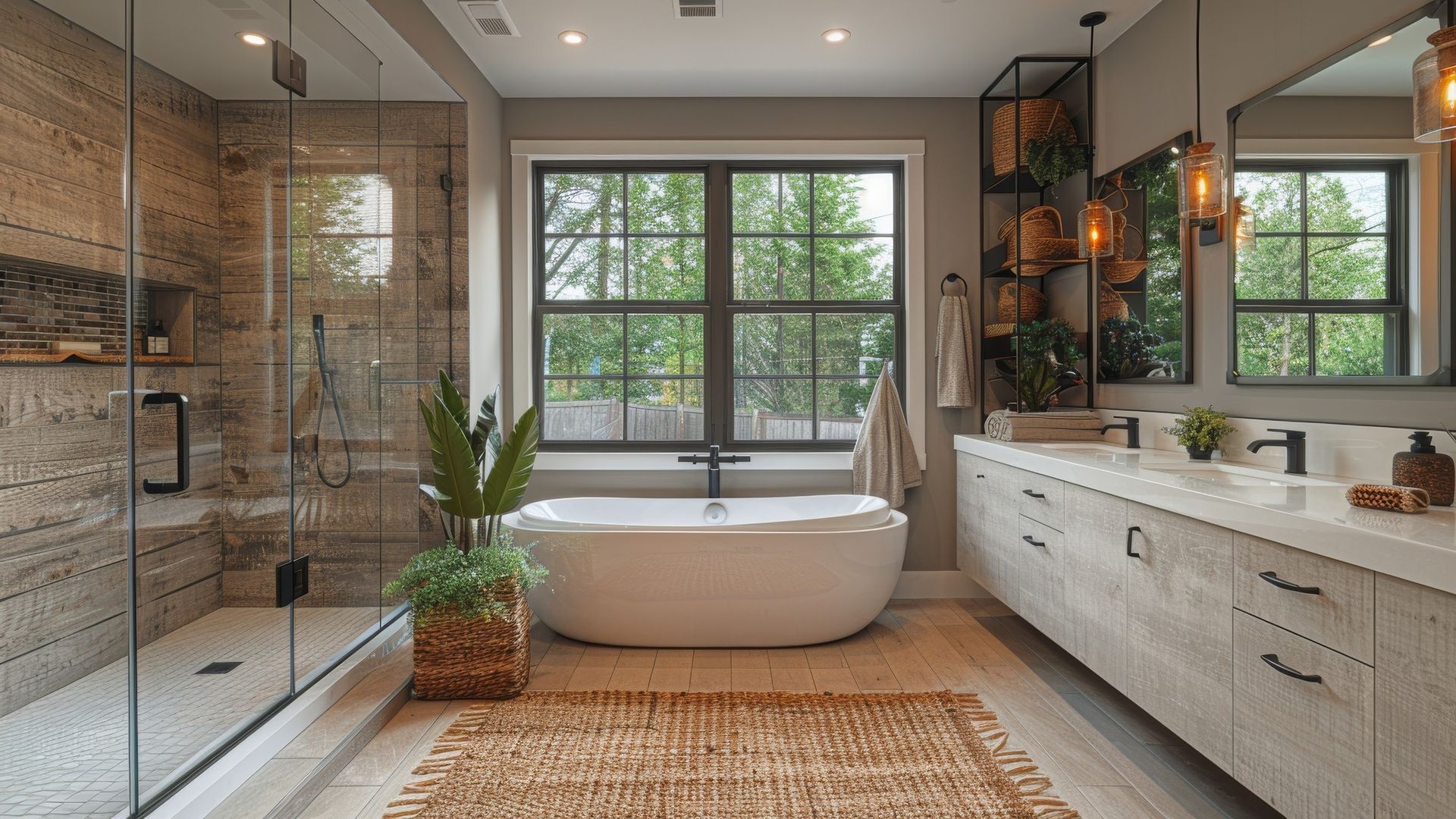 Modern bathroom with freestanding tub, glass shower, vanity, and large windows
