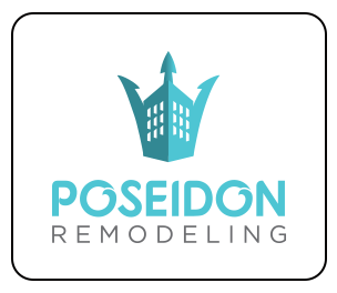 Poseidon Remodeling logo with teal crown icon and gray-blue text on white background