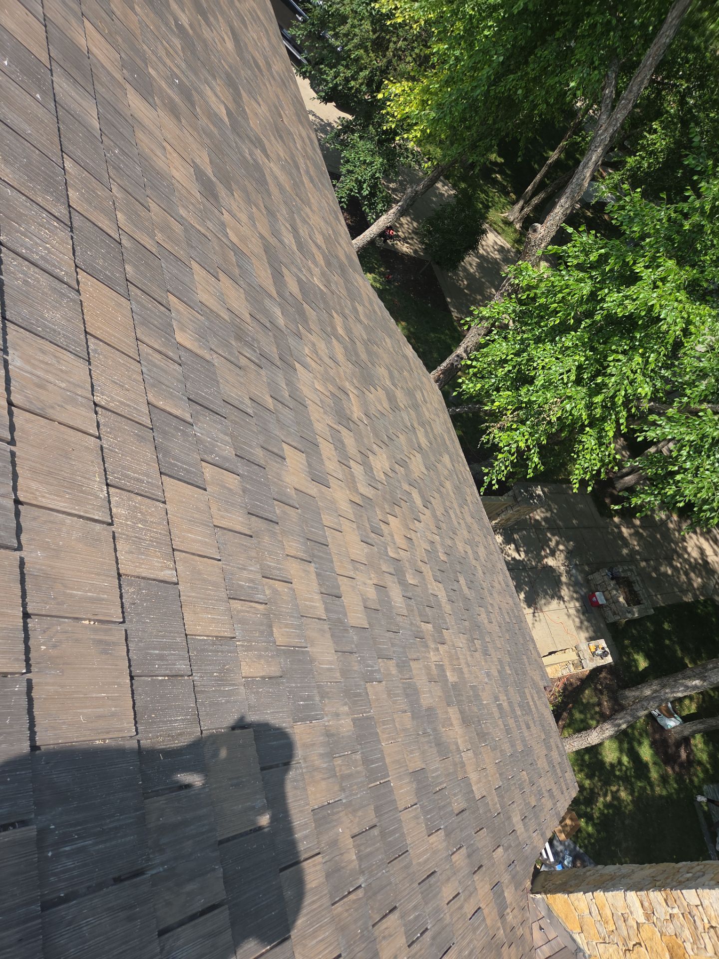 Brown asphalt shingle roof with some moss visible, near green trees.