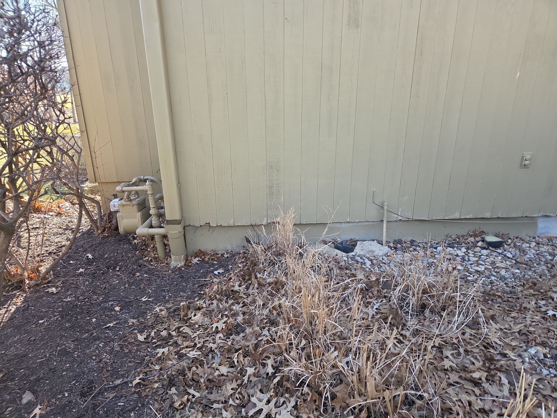 Yellow building exterior with gas meter and dry leaves.