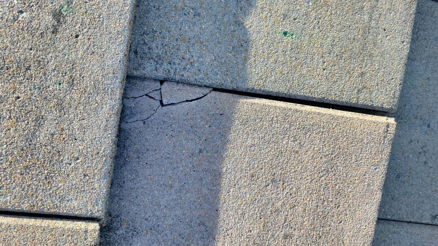 Close-up of a cracked gray asphalt roof shingle.