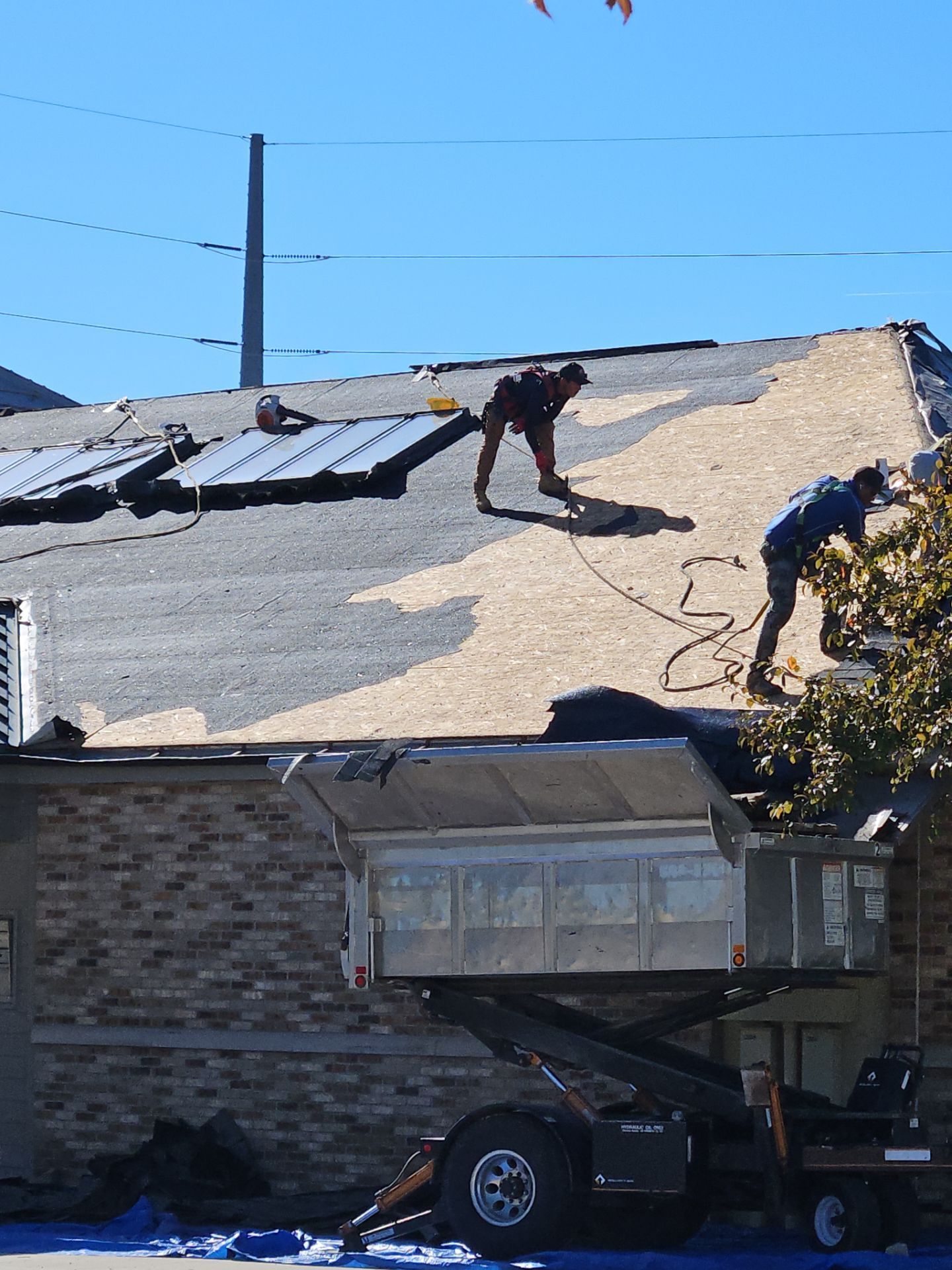 Two roofers removing shingles, using tools, next to a dumpster, in the sun.