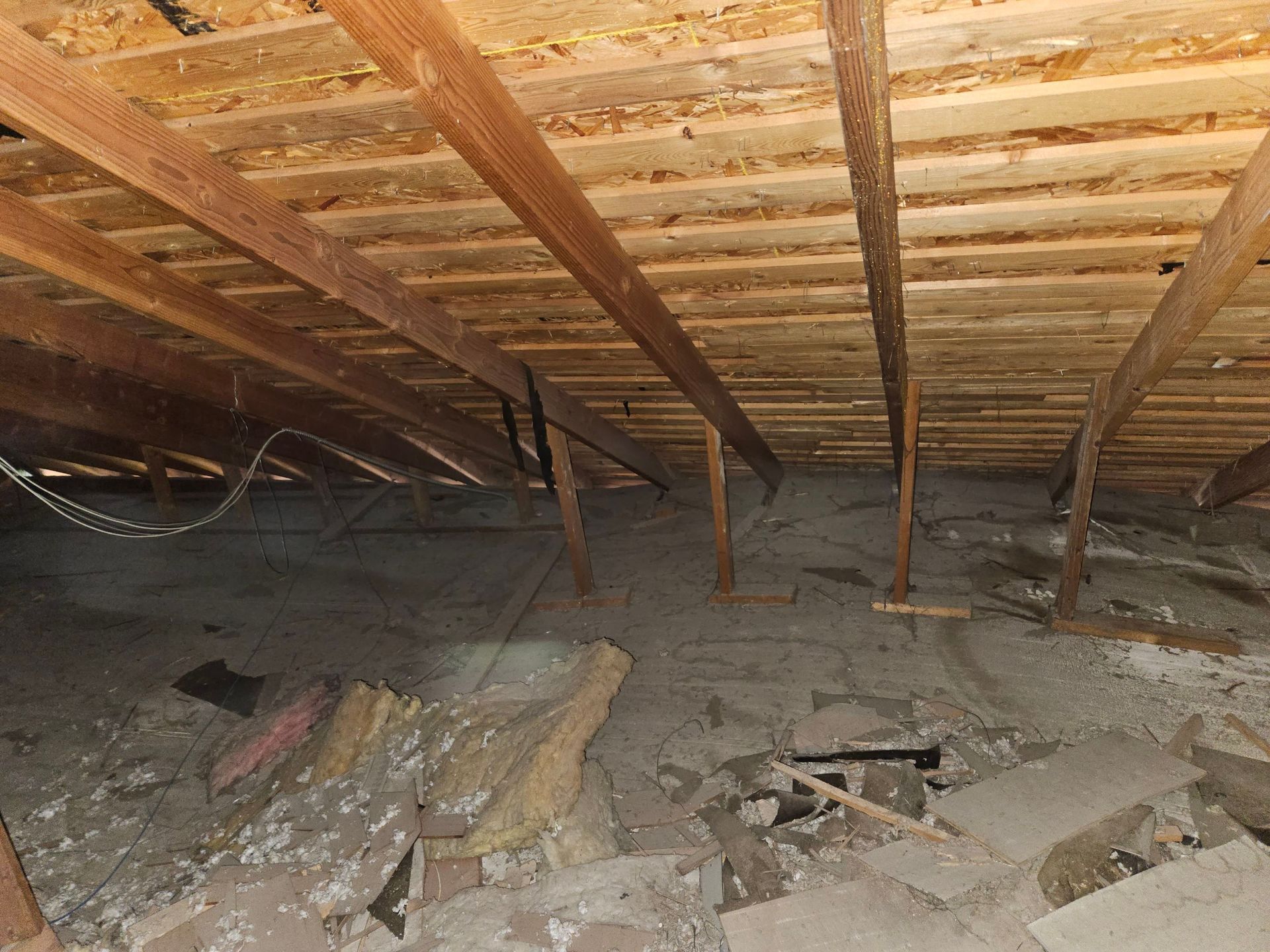 An attic with exposed wooden beams and insulation scattered on the floor.