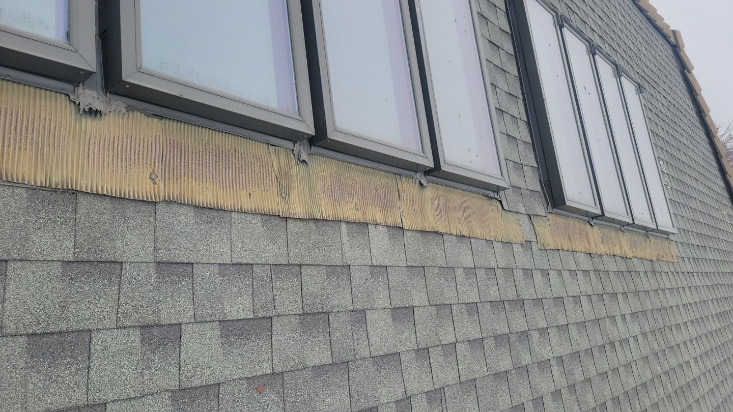 Gray asphalt shingles with several windows above; yellowed brush strips attached to the roof.