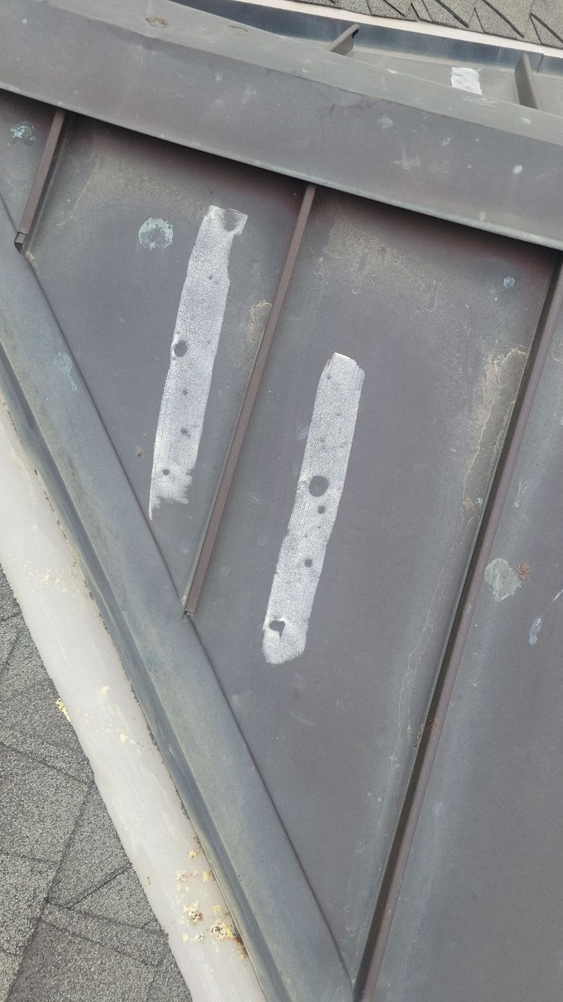 Close-up of gray metal roof with two white painted lines. The roof edge meets shingles.