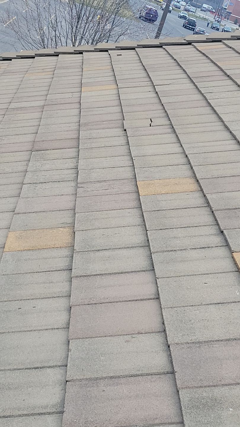 Gray asphalt shingle roof with weathered appearance and small object.