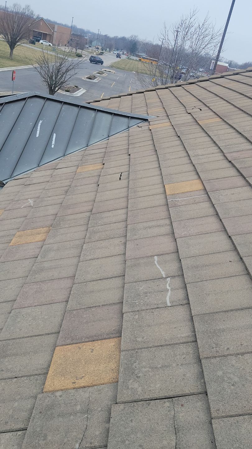 View of a shingled roof with missing and discolored shingles, and a metal roof section.