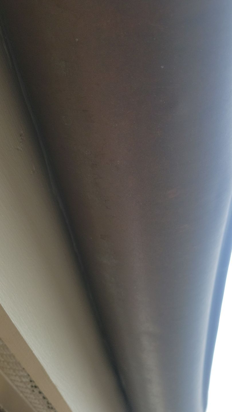 View from below of a curved, dark brown surface with small, light-colored spots. Adjacent, a light beige wall.