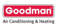 The logo for goodman air conditioning and heating is red and white.
