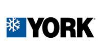 The logo for york is black and blue with a snowflake.