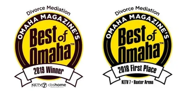 Two Omaha Magazine Best of Omaha 2018 badges for a divorce mediator: winner and first place.