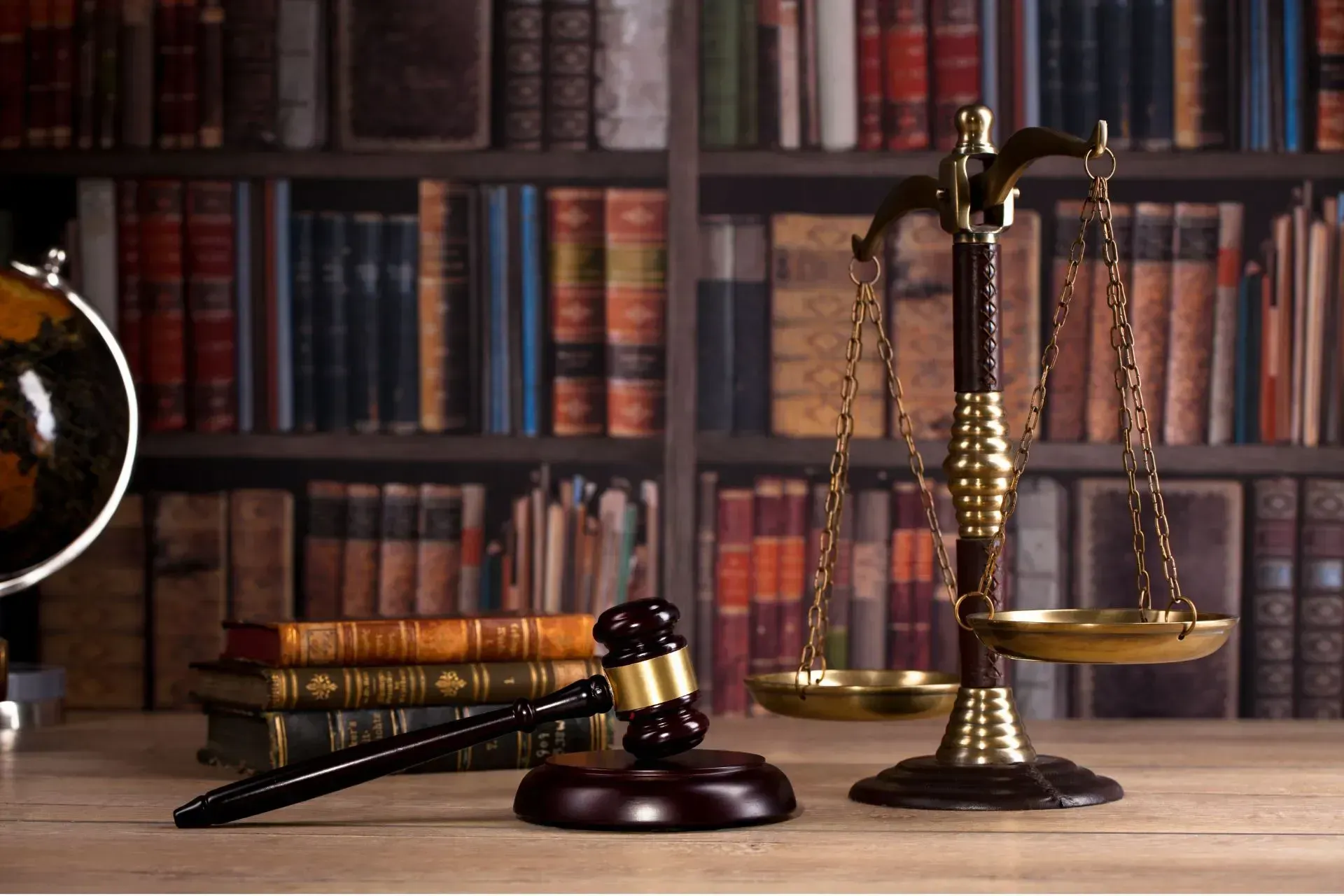 Law books, gavel, and brass scales on a desk in a courtroom library setting