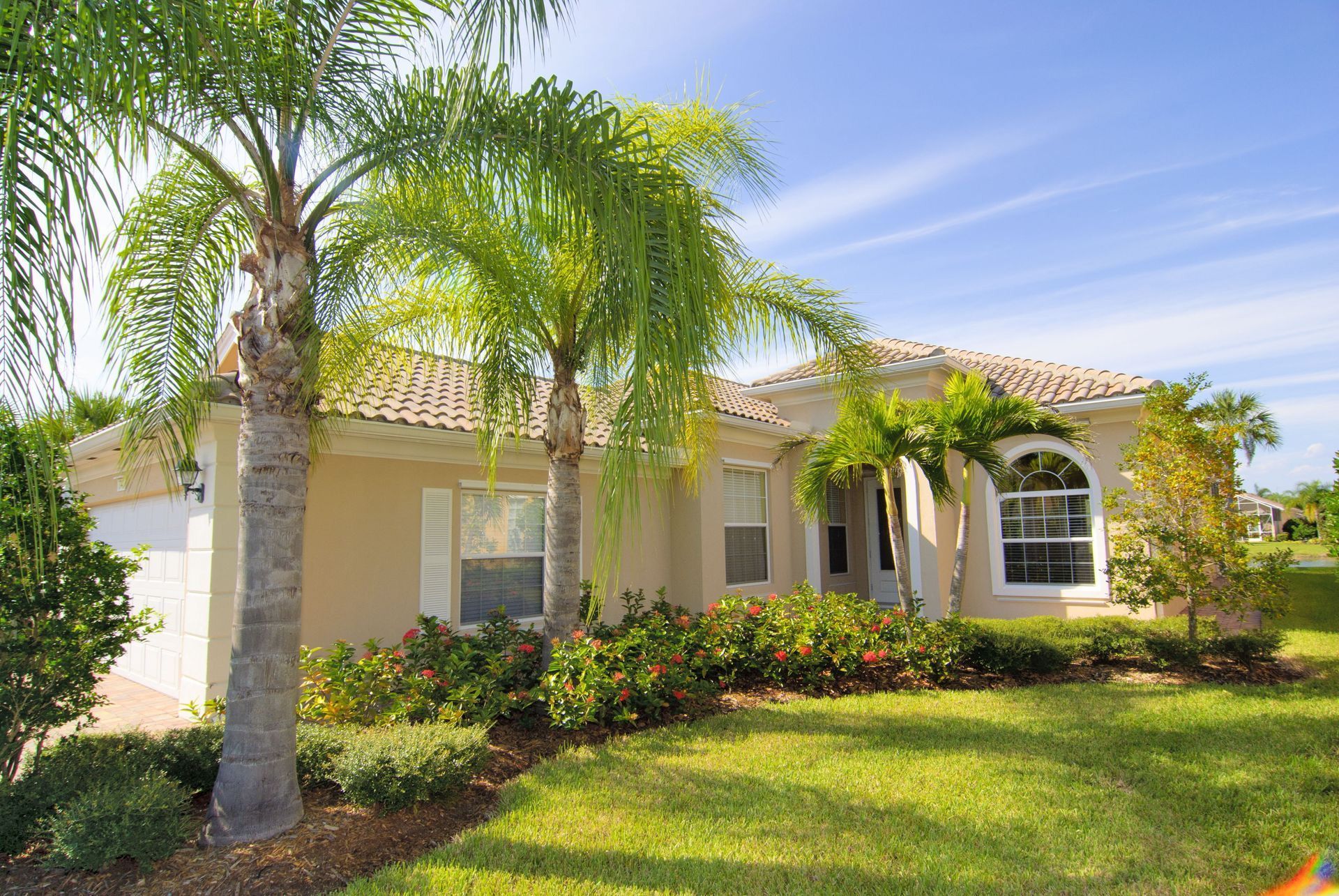 Single-story beige house with palm trees, a red-tile roof, and a sunny front yard
