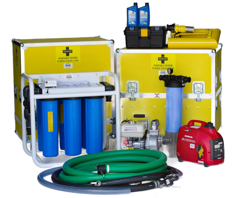 Yellow water purification system with blue filters, hoses, generator, and toolboxes.
