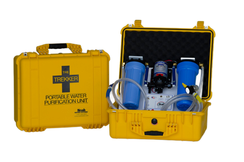 Yellow portable water purification unit in a case.