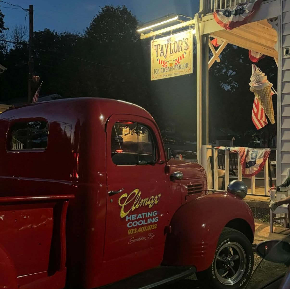 Climax Heating and Cooling's red vintage truck