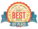 Bastrop County Best 2025 award logo. Red, gold, and blue ribbon with