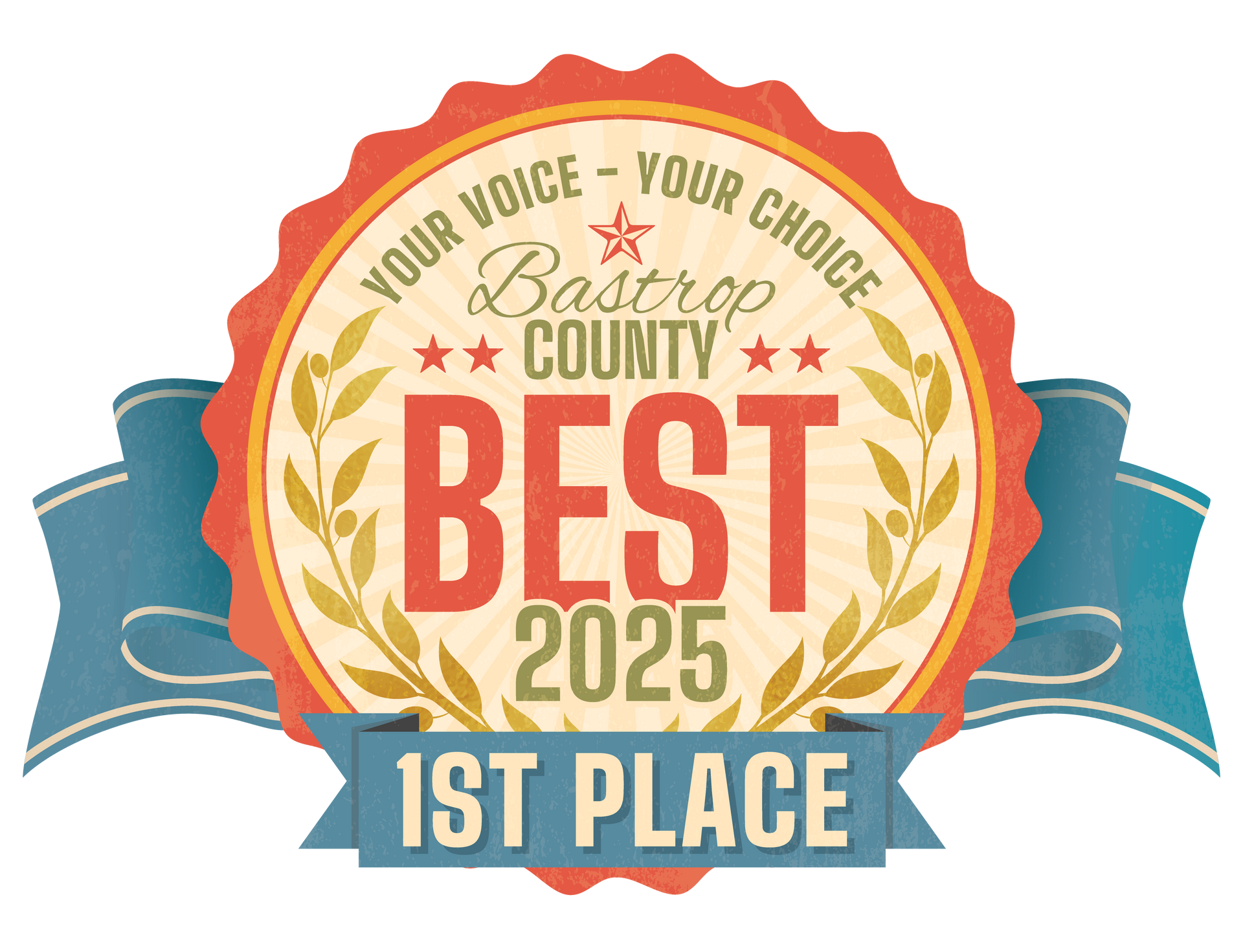 Bastrop County Best 2025 award logo. Red, gold, and blue ribbon with