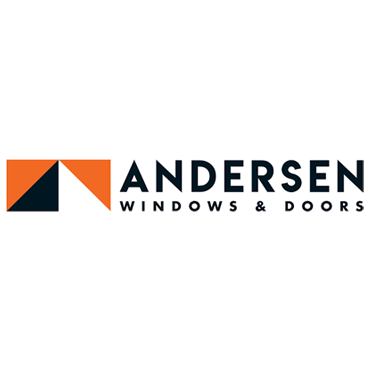 Logo for Andersen Windows & Doors featuring an orange and navy blue graphic next to the company name in black text.
