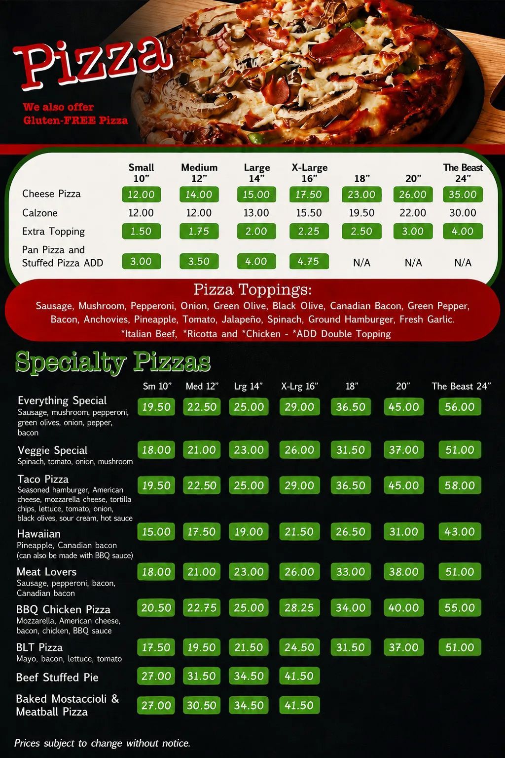 Pizza restaurant menu with red header, pizza photo, and green price boxes on a black background