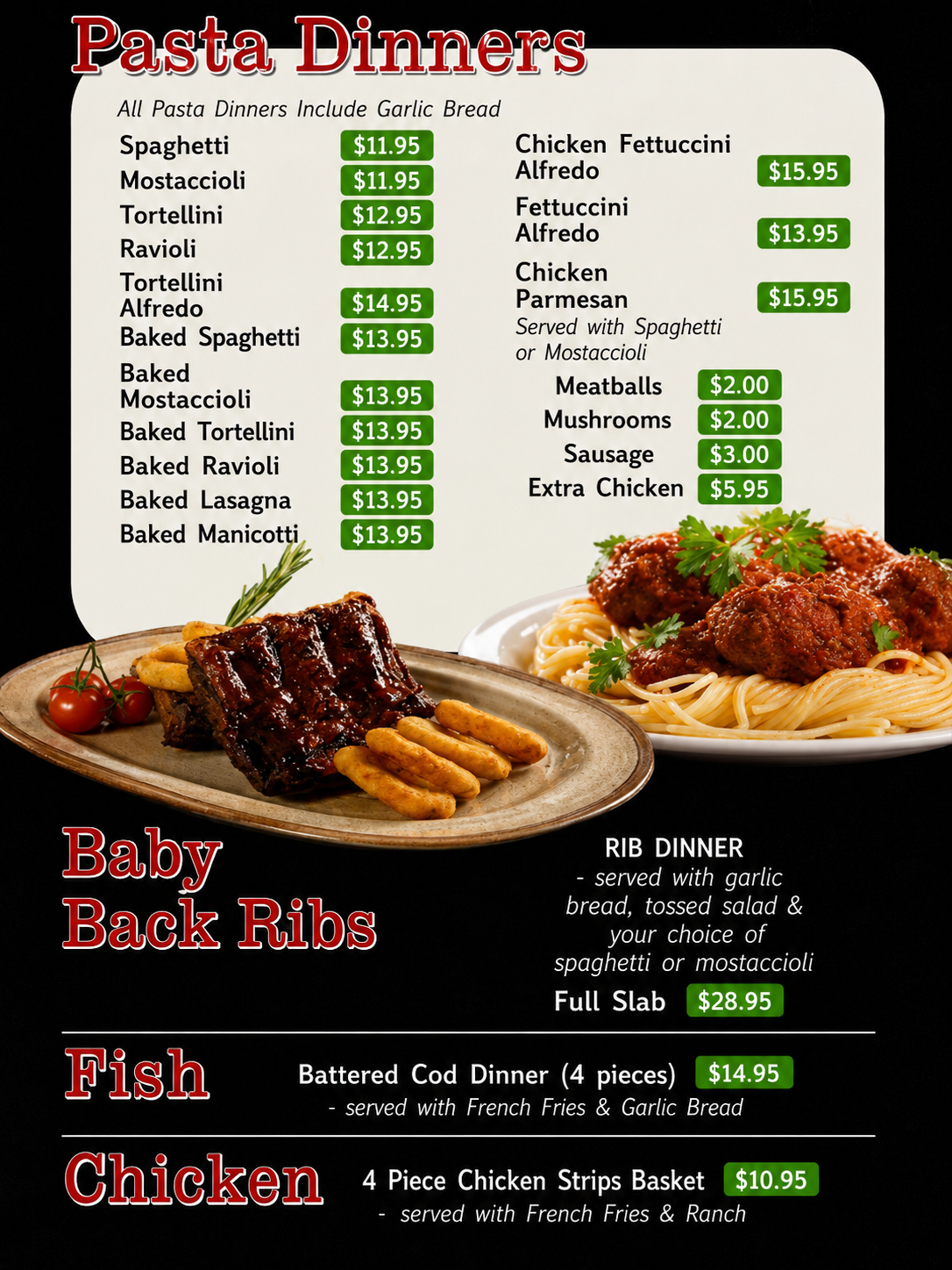 Restaurant menu with pasta, dinners, ribs, fish, and chicken prices on a black-and-white layout with food photos