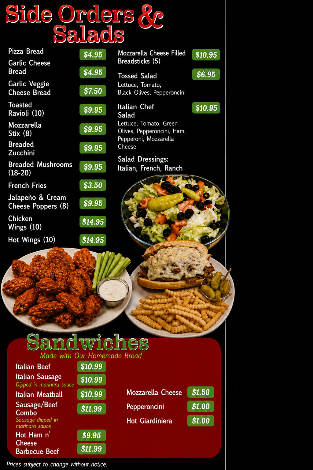 Restaurant menu board with side orders, salads, and sandwiches on a dark background, with food photos.