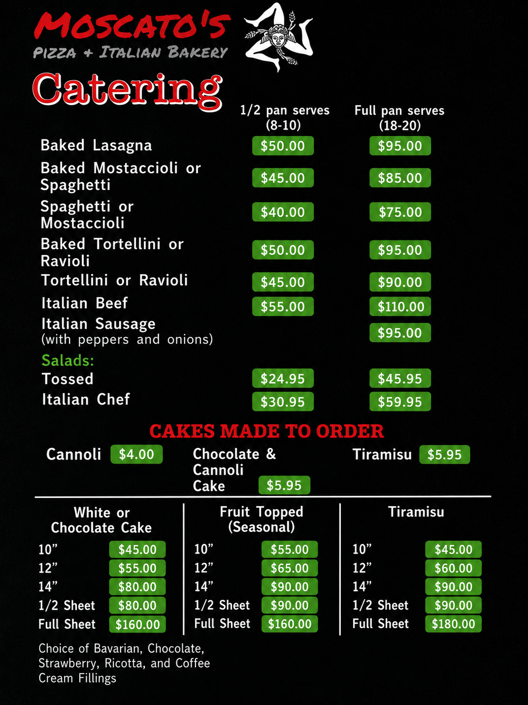 Black menu board for Mascato's Catering listing Italian dishes, pizzas, salads, and prices in green boxes