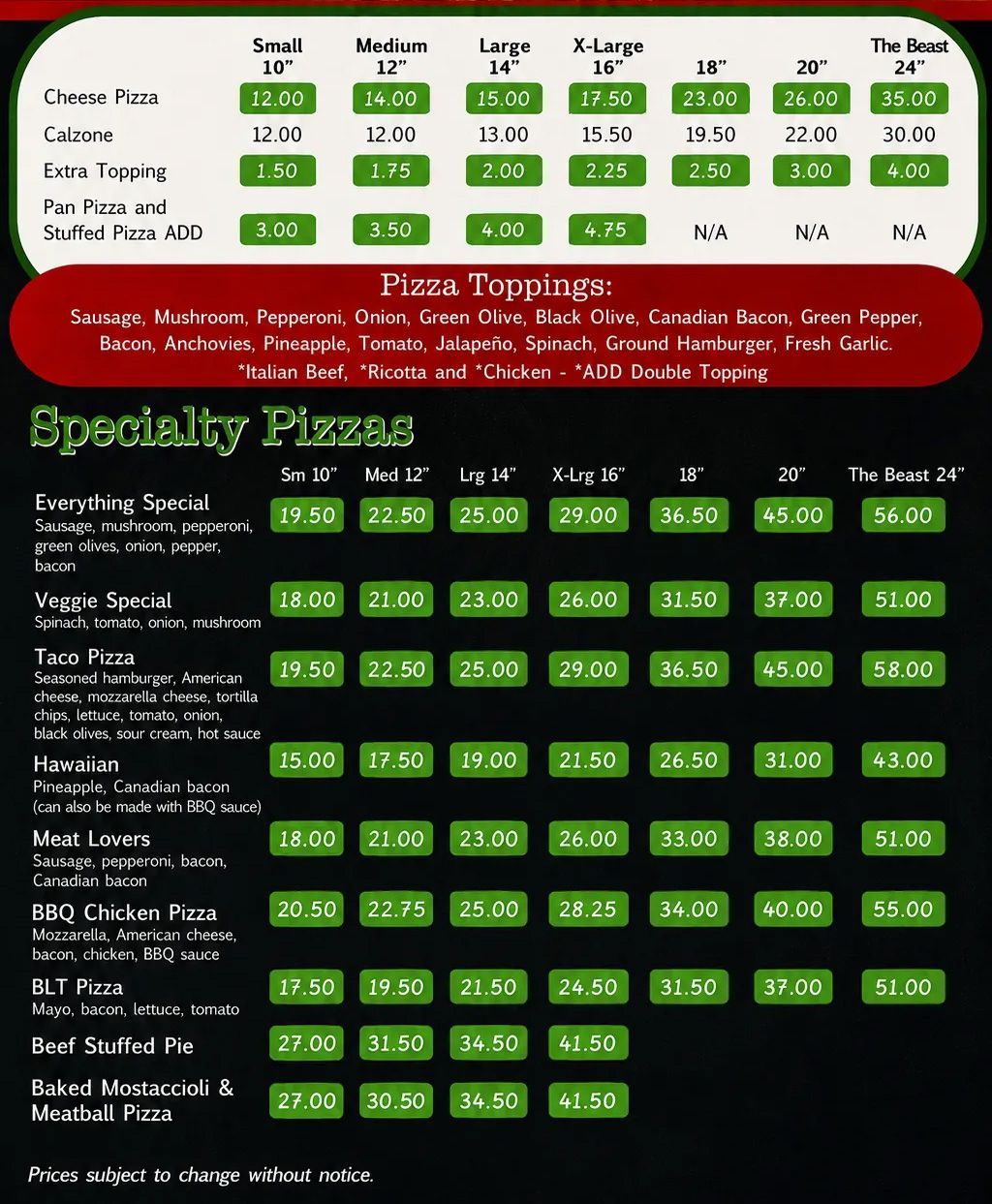 Black menu board showing drink and specialty pizza sizes with green price labels and a red notice bar