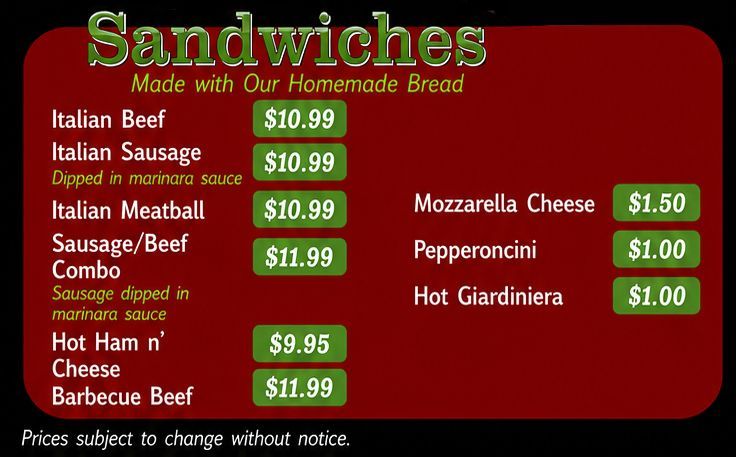 Restaurant menu titled Sandwiches on a red background, listing sandwich options and prices.