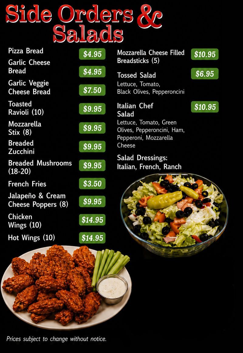 Side orders and salads menu with prices and food photos on a dark background