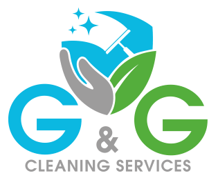 G&G Cleaning Services logo with blue and green leaves, a gray hand, and sparkling cleaning icon
