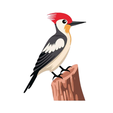 Woodpecker with red head, perched on a brown tree stump.