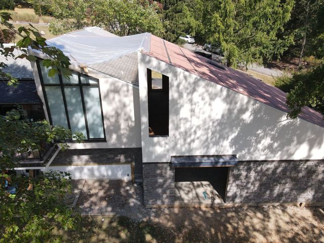 Modern white and grey house with angled roof and large windows surrounded by trees.