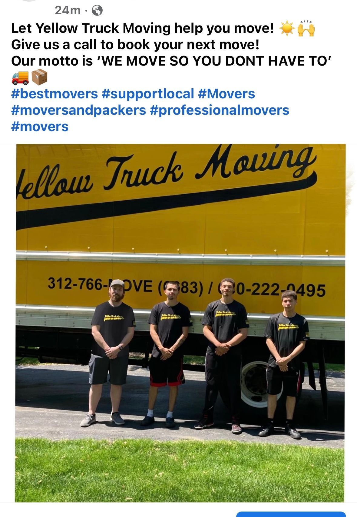 Yellow Truck Moving advertisement. Four movers stand in front of a yellow truck. Text includes a phone number and hashtags.