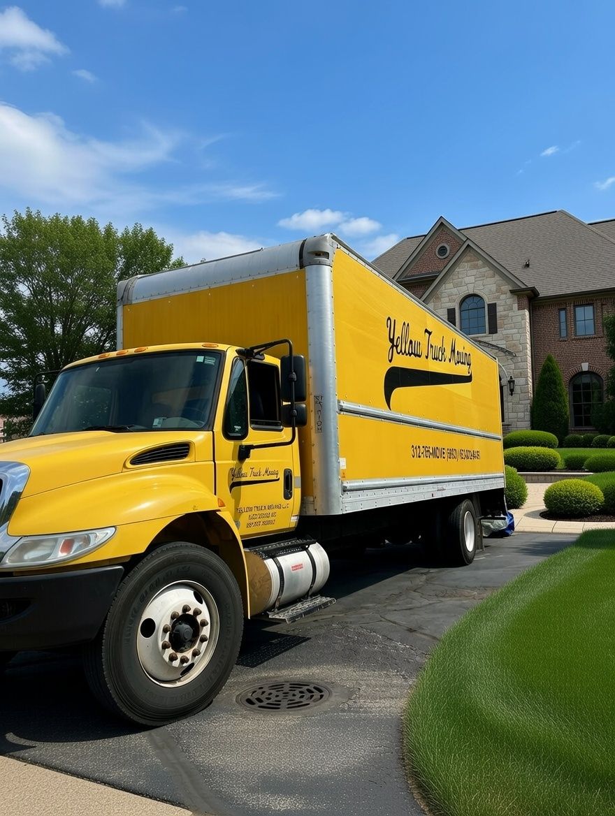 Yellow moving truck parked on a driveway in front of a large house with a blue sky.