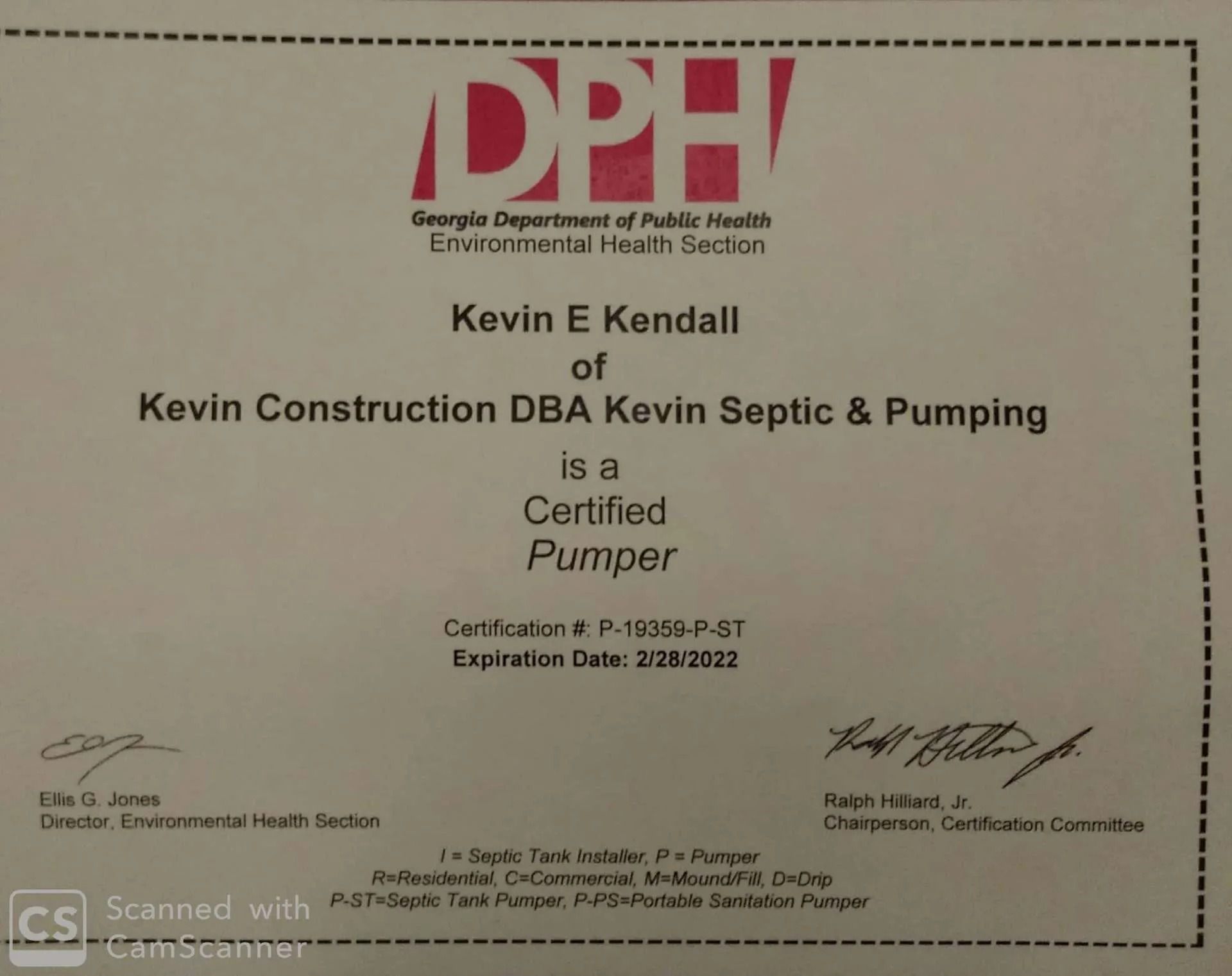 Certification of Kevin E. Kendall as a Certified Pumper by the Georgia Department of Public Health, with an expiration date.