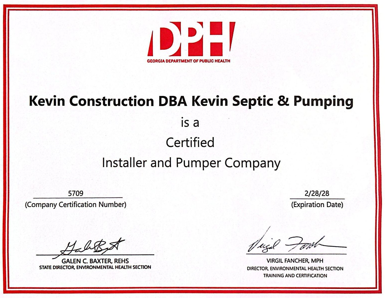Department of Public Health certificate for Kevin Construction DBA Kevin Septic & Pumping, a certified installer/pumper.