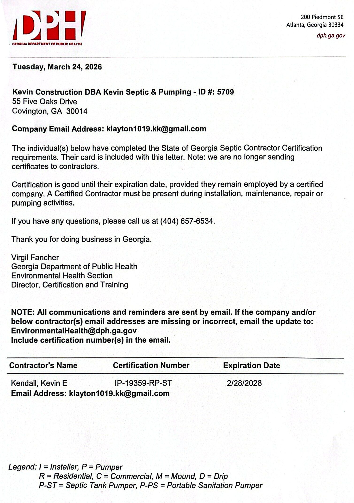 Official letter from Georgia Department of Public Health confirming certification for Pamela P. Smith, dated March 24, 2024.