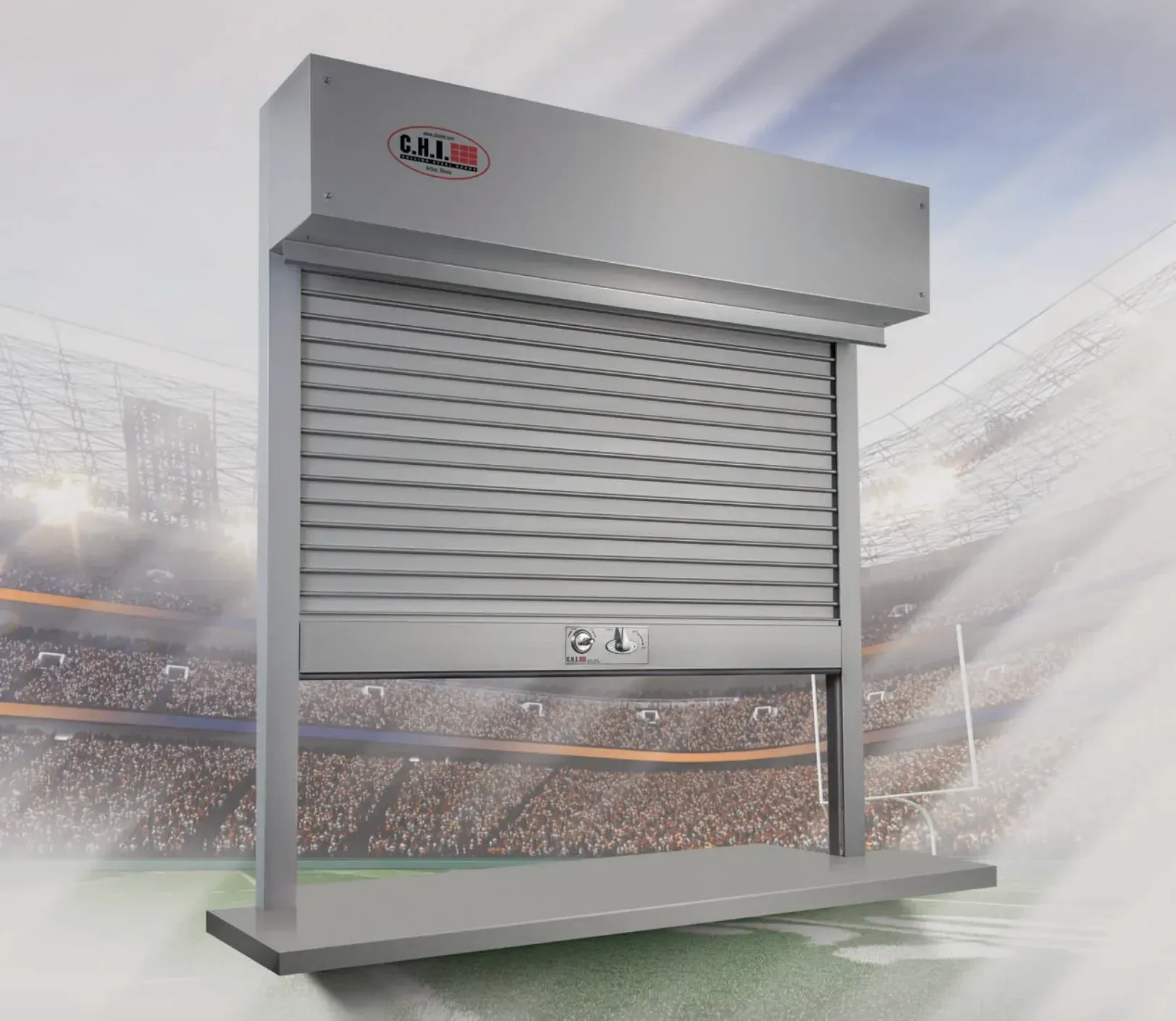 Gray metal security shutter booth on a sports field background
