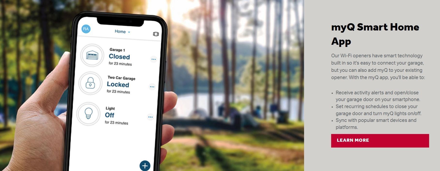 Hand holding smartphone with smart home app, beside a web page mockup on the right.