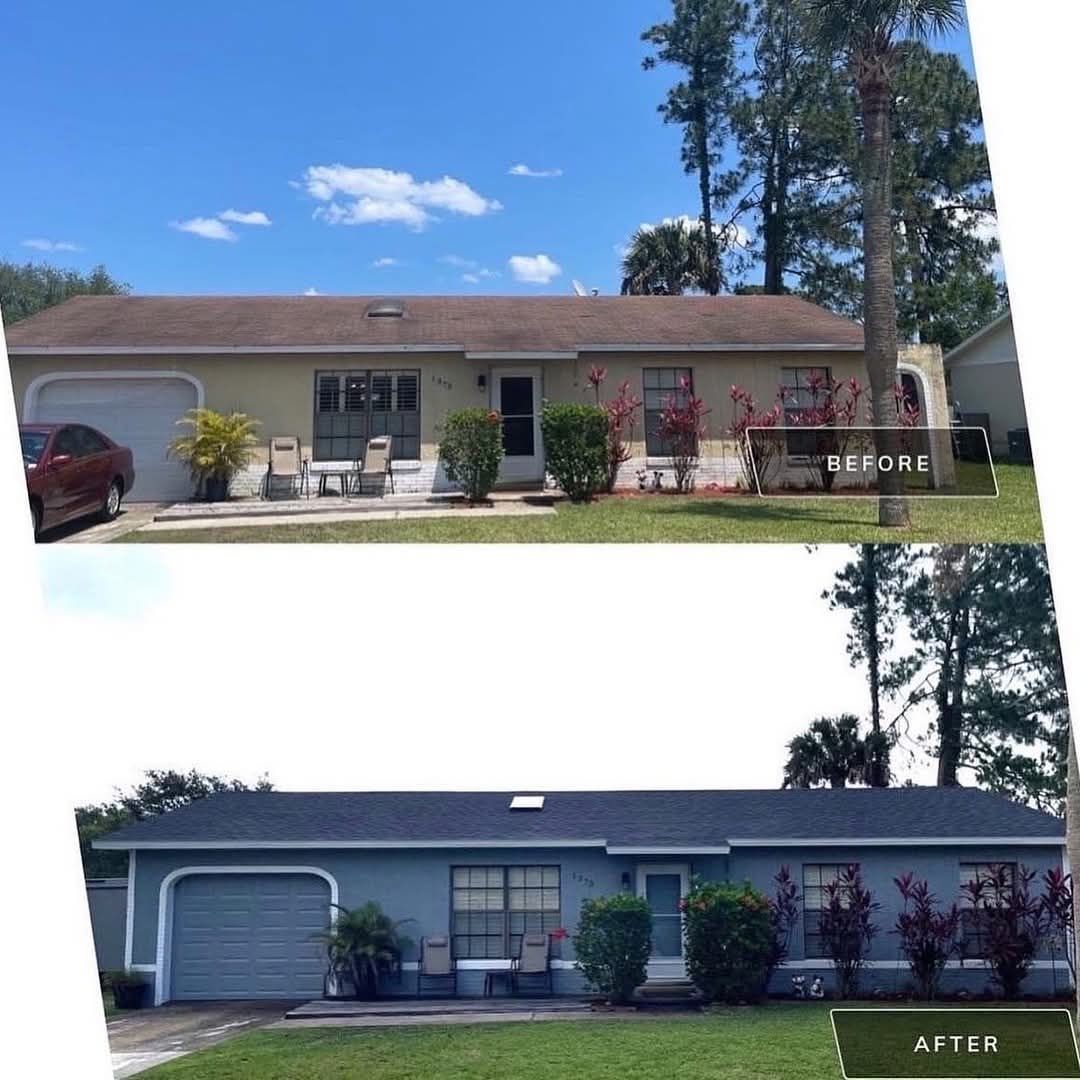 Before-and-after comparison showing a single-story house exterior repainted from tan to blue with a new roof.