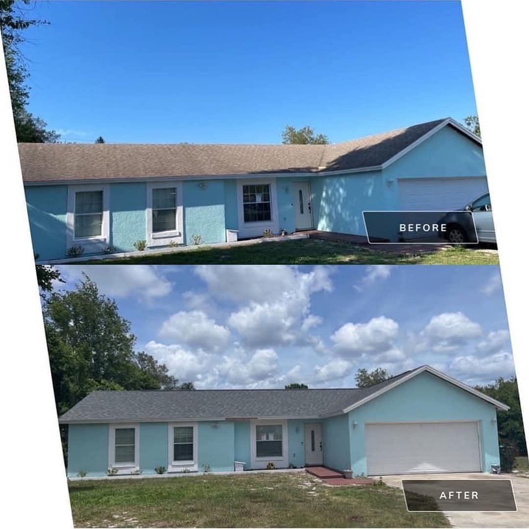 Before and after comparison of a light blue house exterior showing a new, darker gray shingle roof installation.