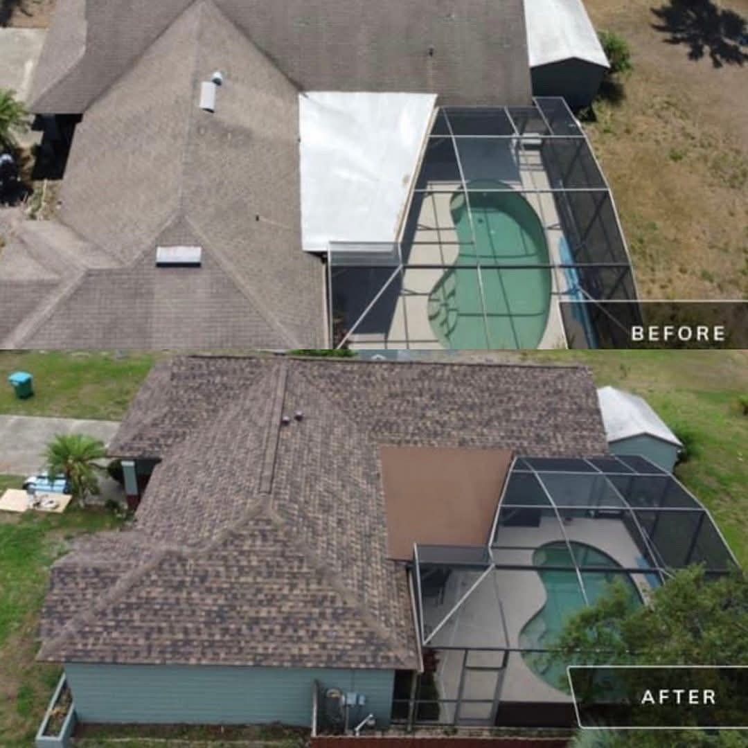 Before and after aerial view of a house renovation, showing a new roof and screen enclosure update over the pool area.