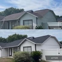 A before-and-after comparison of a house exterior, showing the roof transition from light grey to dark grey shingles.